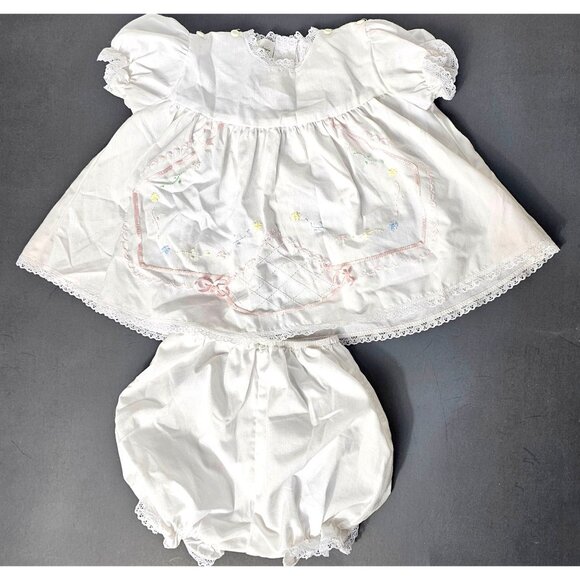 Vtg Garden Of Angels Hand Made NB Dress Bloomers Set White Embroidered Lace Trim - Picture 1 of 14
